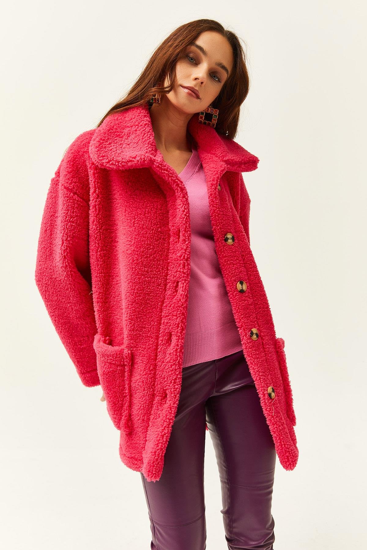 Düğmeli Cepli Astarsız Oversize Peluş Ceket Fuşya