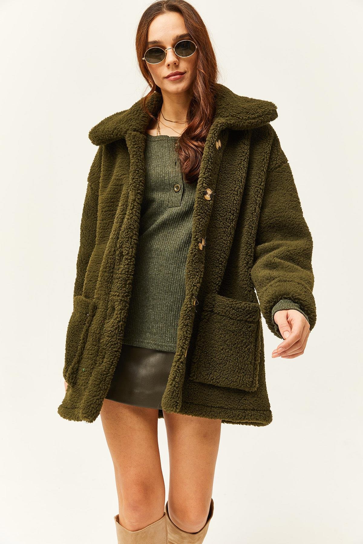 Düğmeli Cepli Astarsız Oversize Peluş Ceket Haki