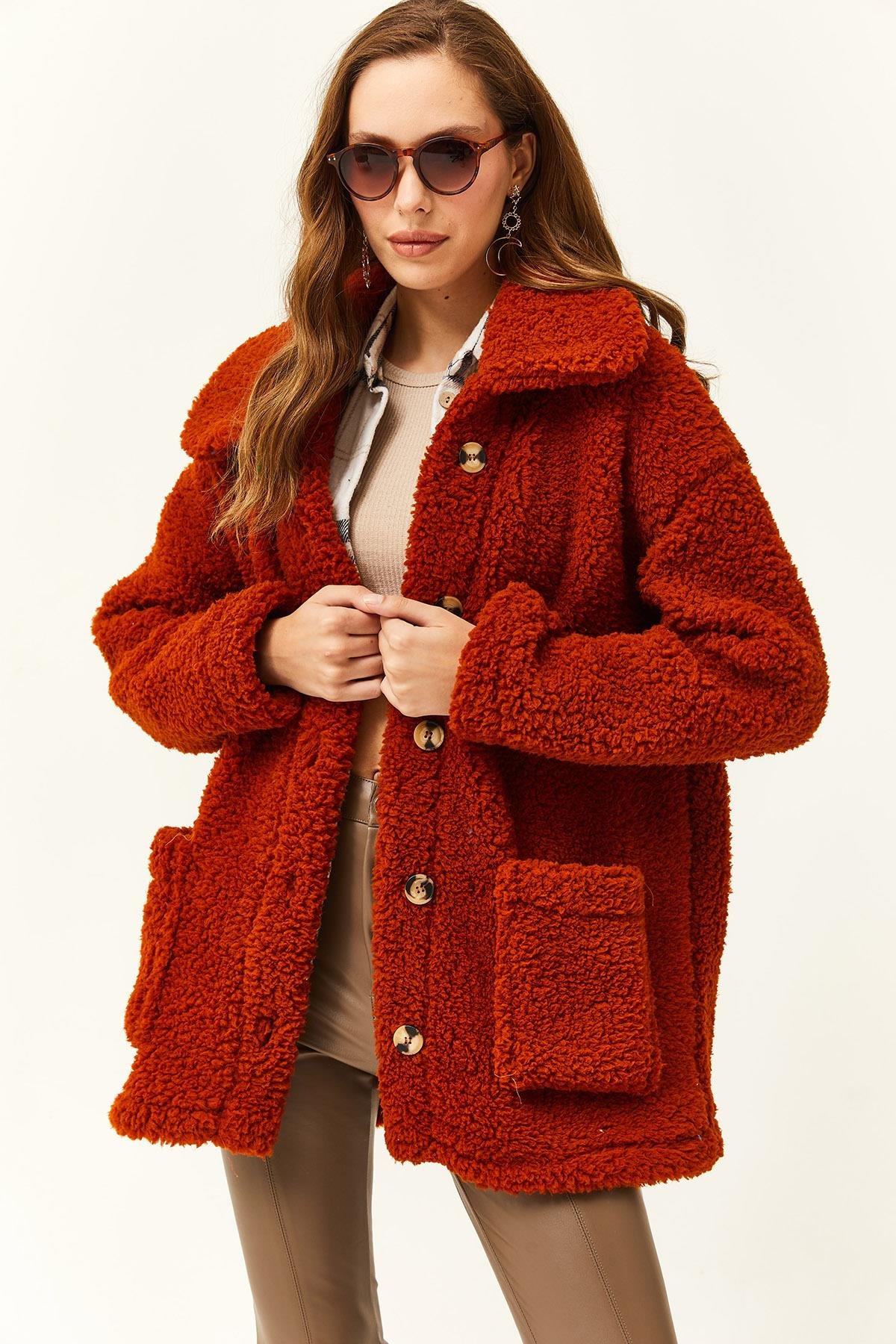 Düğmeli Cepli Astarsız Oversize Peluş Ceket Kiremit