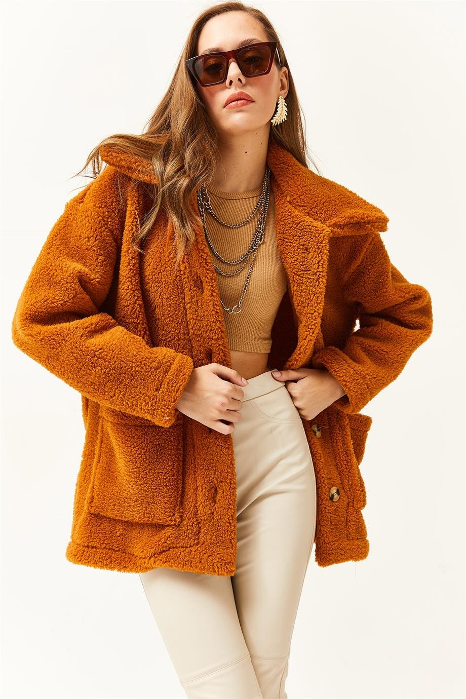 Düğmeli Cepli Astarsız Oversize Peluş Ceket Taba