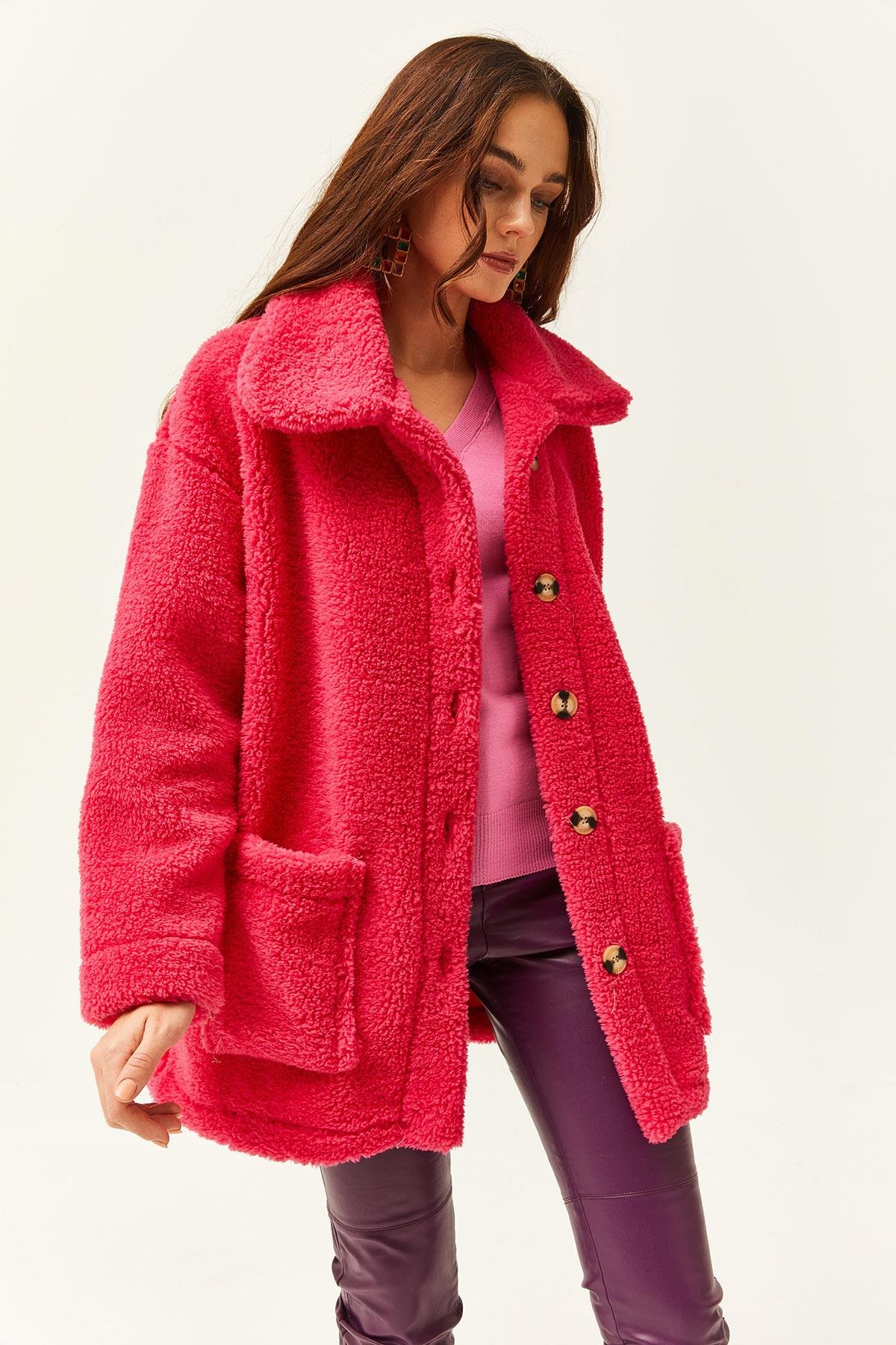 Düğmeli Cepli Astarsız Oversize Peluş Ceket Fuşya