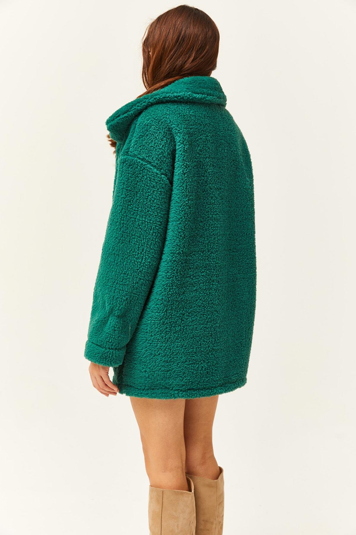 Düğmeli Cepli Astarsız Oversize Peluş Ceket Zümrüt Yeşili