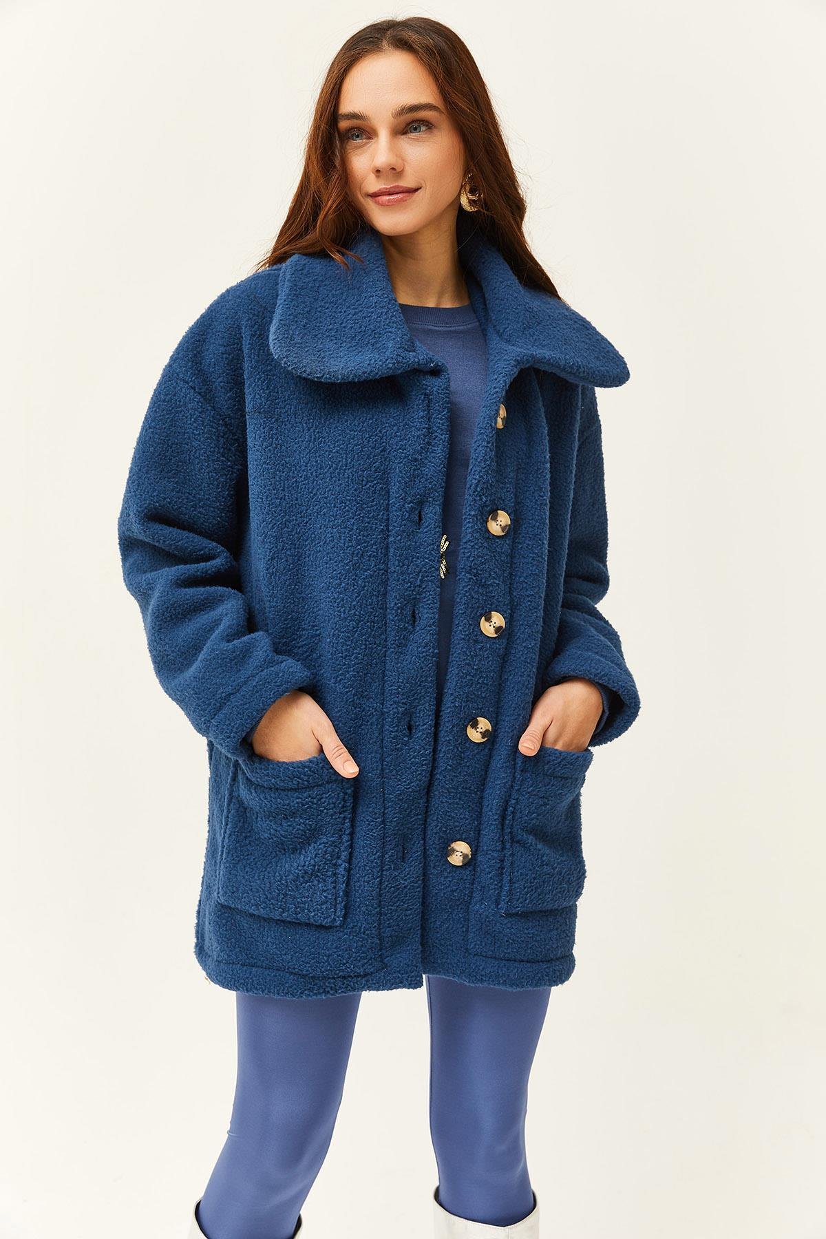 Düğmeli Cepli Astarsız Oversize Peluş Ceket İndigo