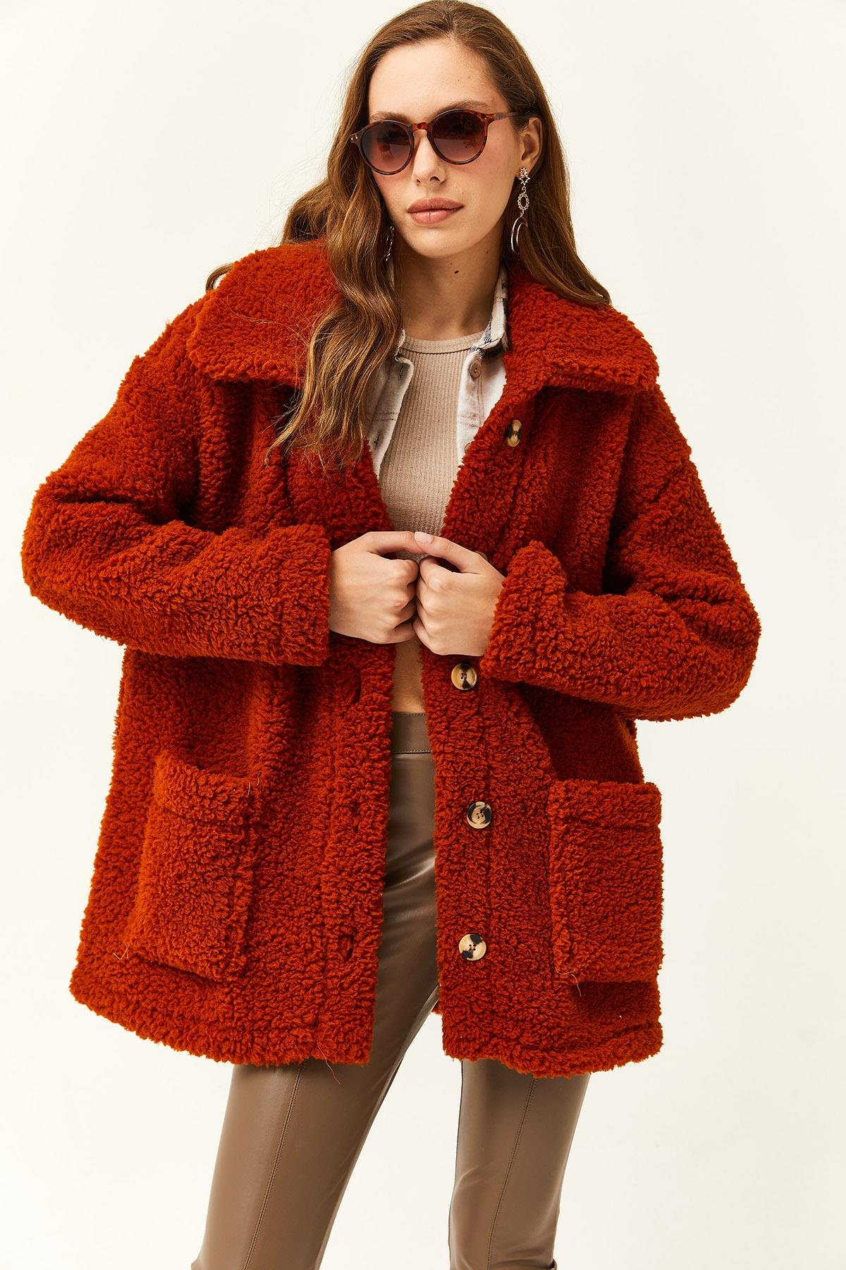 Düğmeli Cepli Astarsız Oversize Peluş Ceket Kiremit