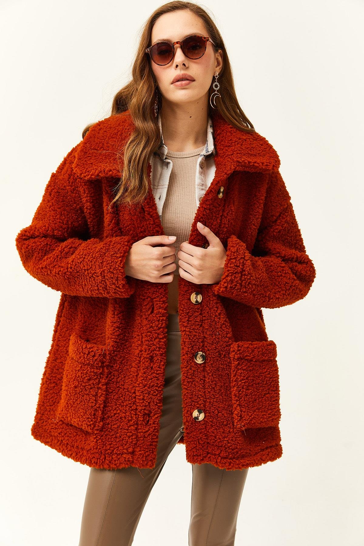 Düğmeli Cepli Astarsız Oversize Peluş Ceket Kiremit