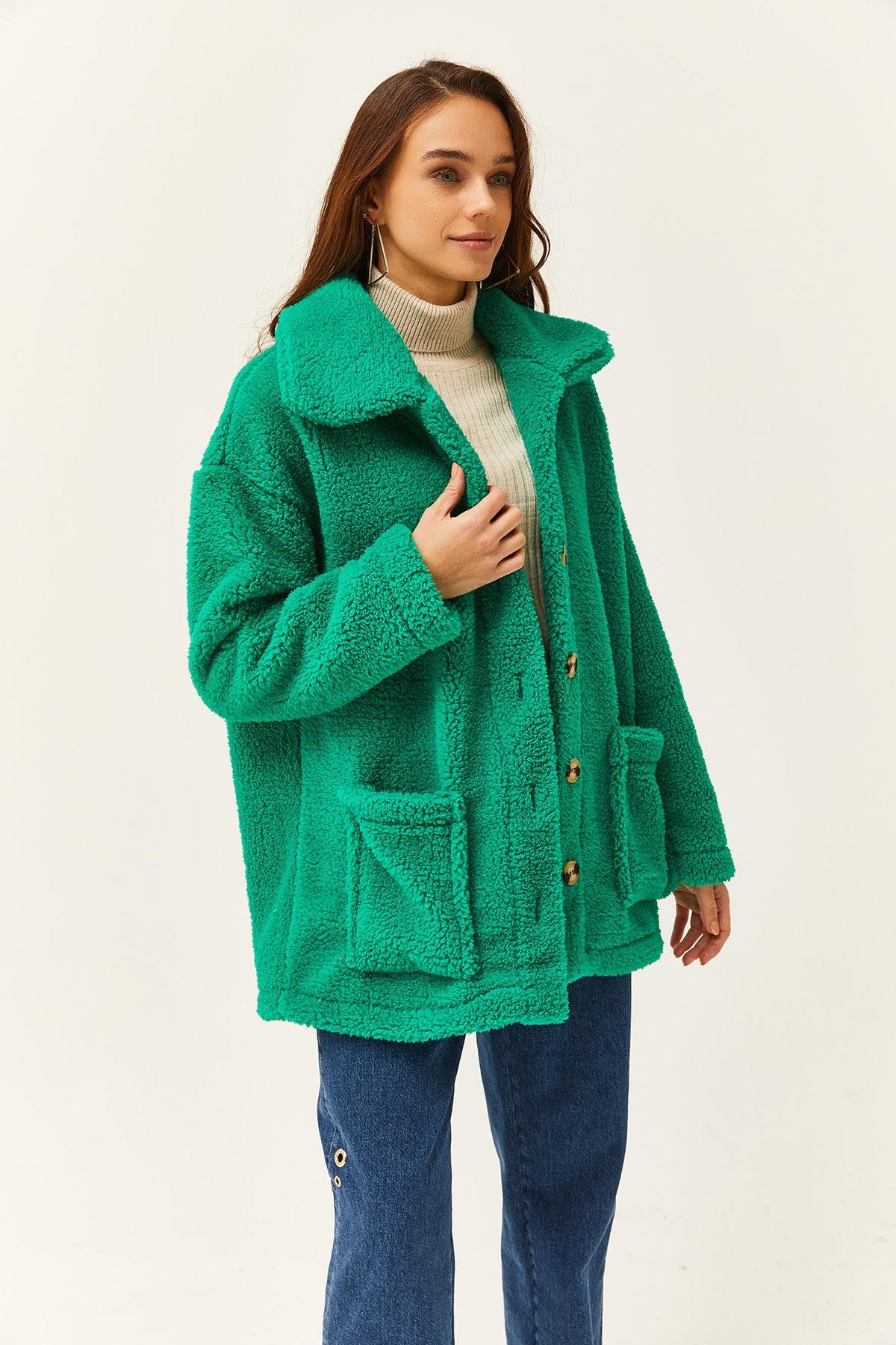 Düğmeli Cepli Astarsız Oversize Peluş Ceket Çimen Yeşili