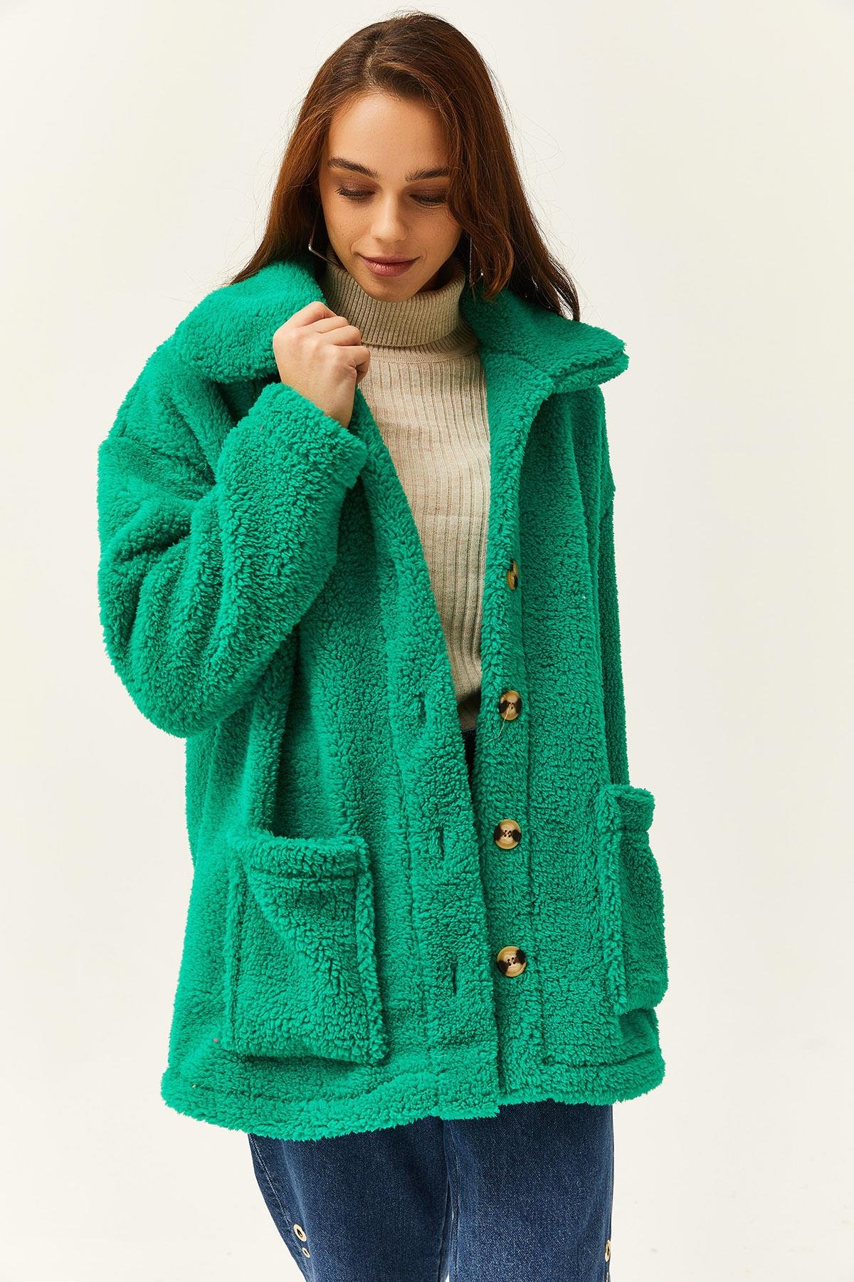 Düğmeli Cepli Astarsız Oversize Peluş Ceket Çimen Yeşili