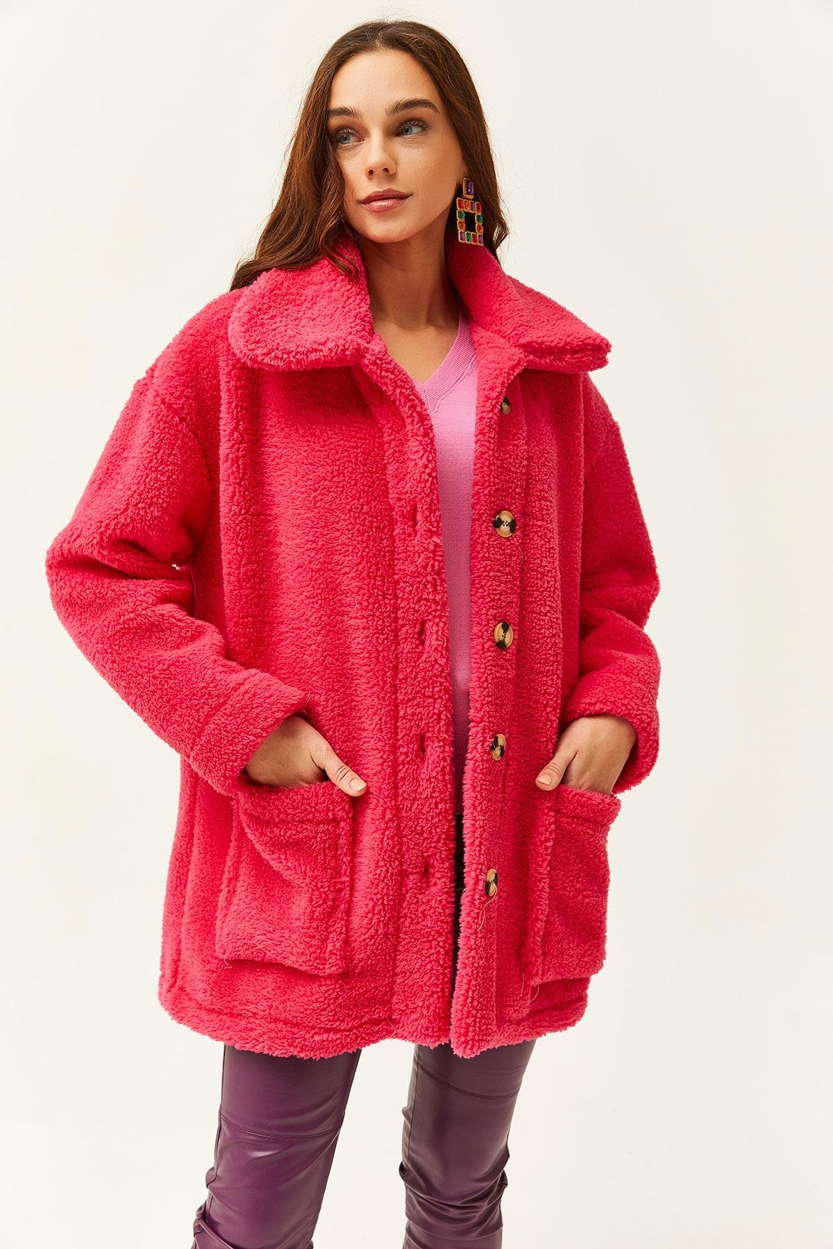 Düğmeli Cepli Astarsız Oversize Peluş Ceket Fuşya