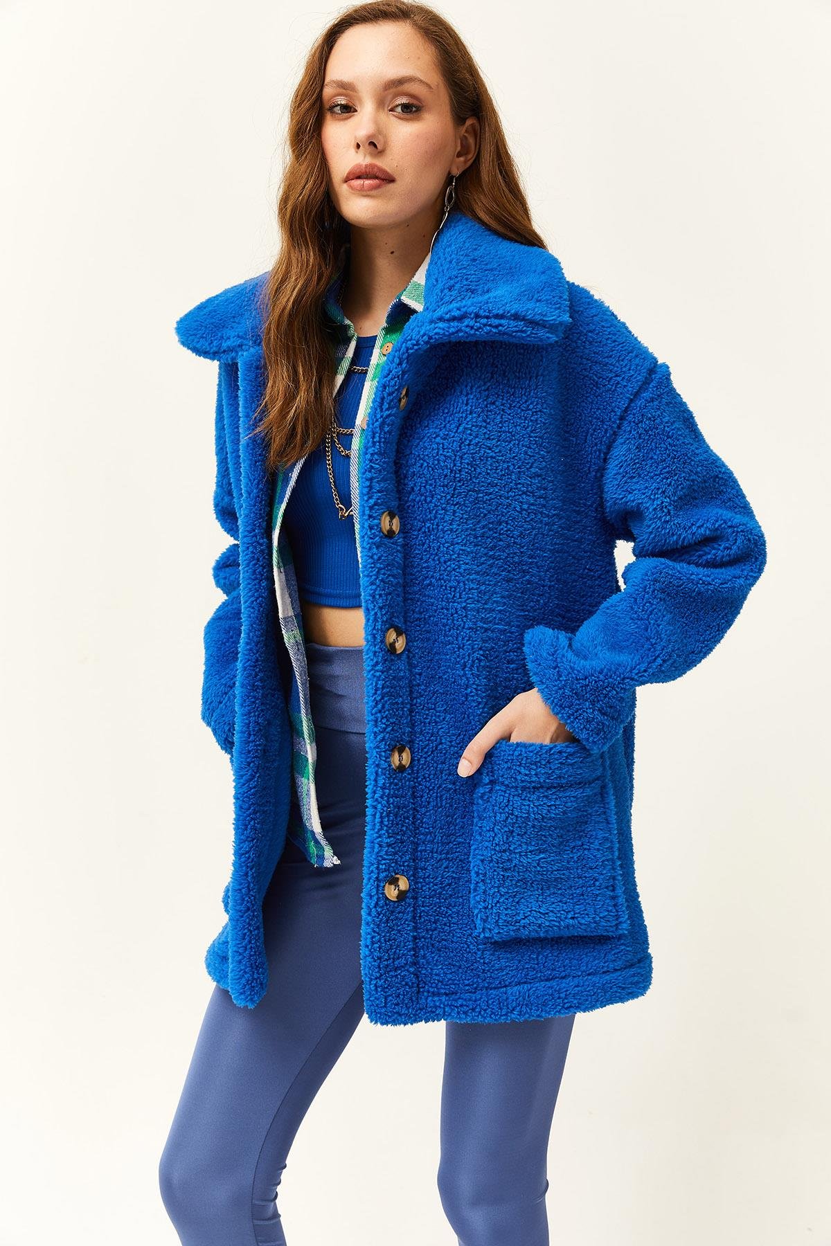 Düğmeli Cepli Astarsız Oversize Peluş Ceket Saks Mavi