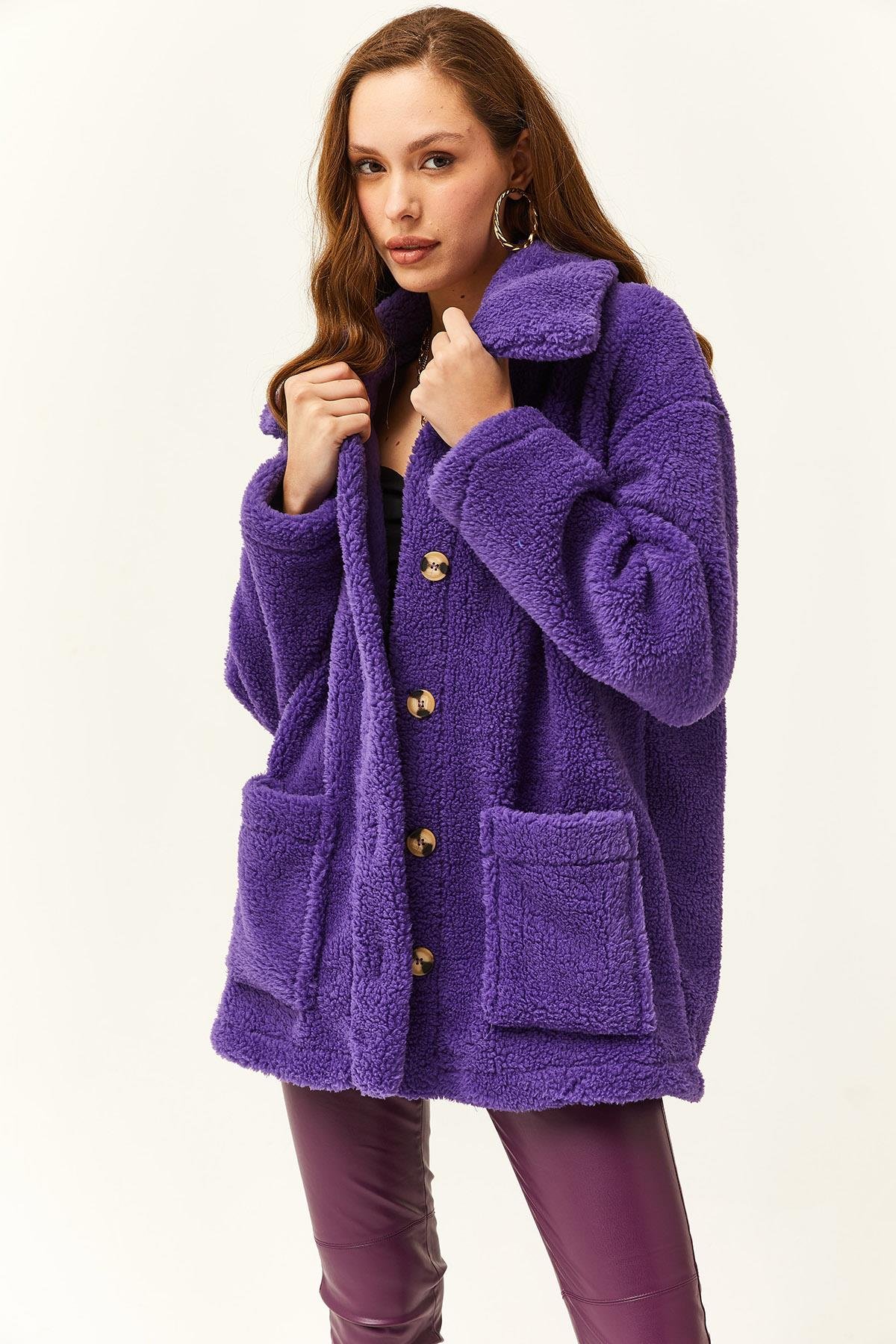 Düğmeli Cepli Astarsız Oversize Peluş Ceket Mor