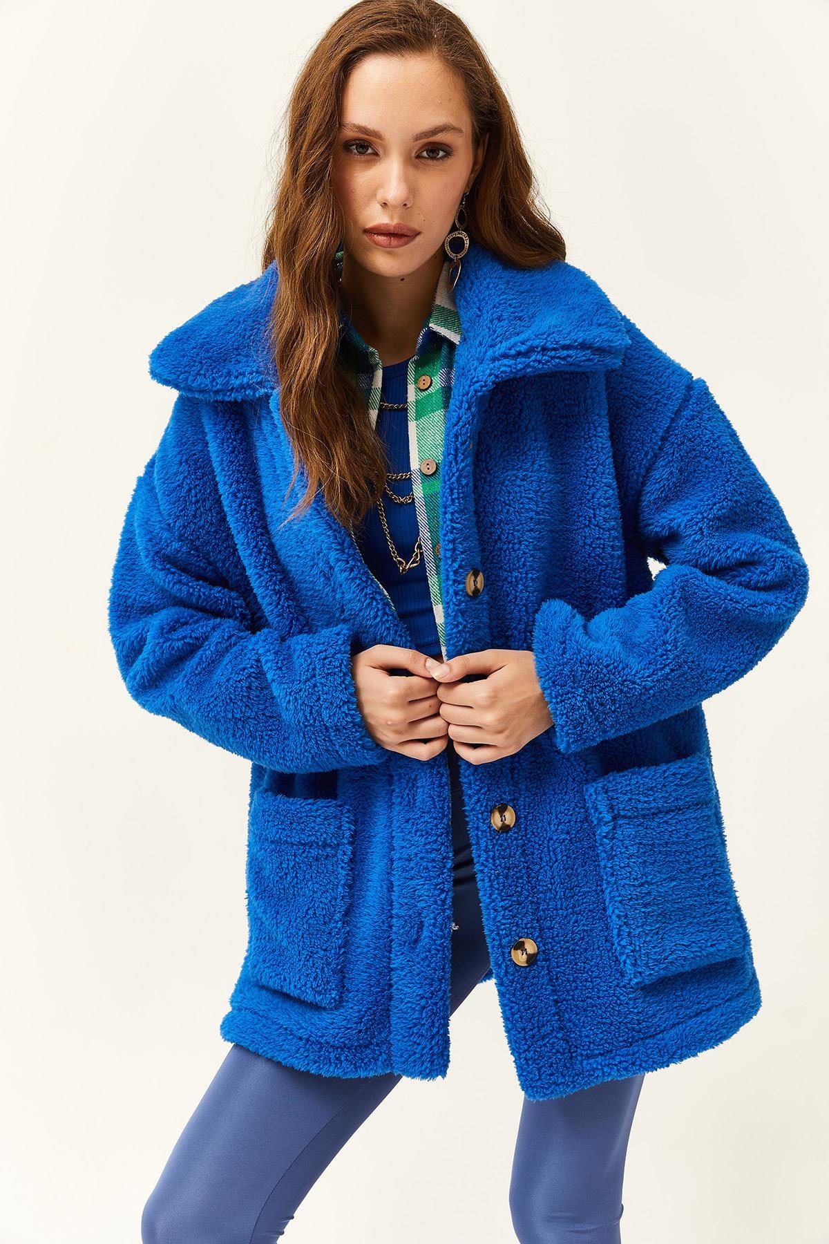 Düğmeli Cepli Astarsız Oversize Peluş Ceket Saks Mavi