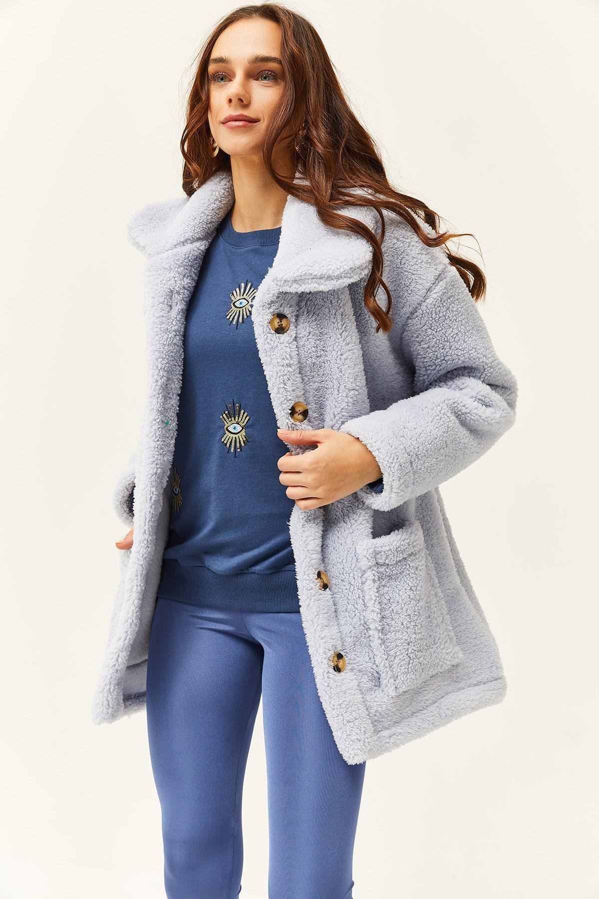 Düğmeli Cepli Astarsız Oversize Peluş Ceket Bebe Mavi