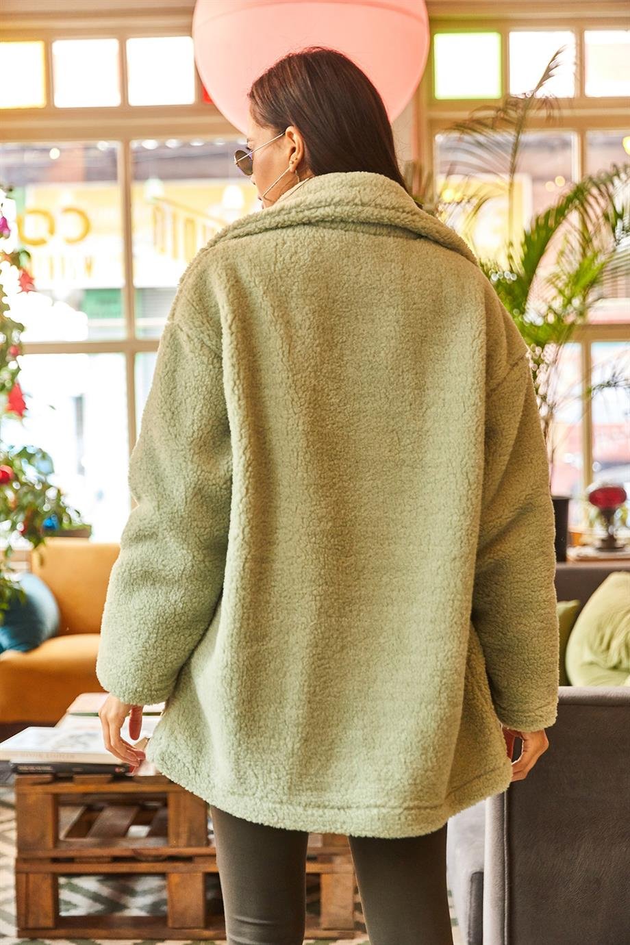 Düğmeli Cepli Astarsız Oversize Peluş Ceket Su Yeşili
