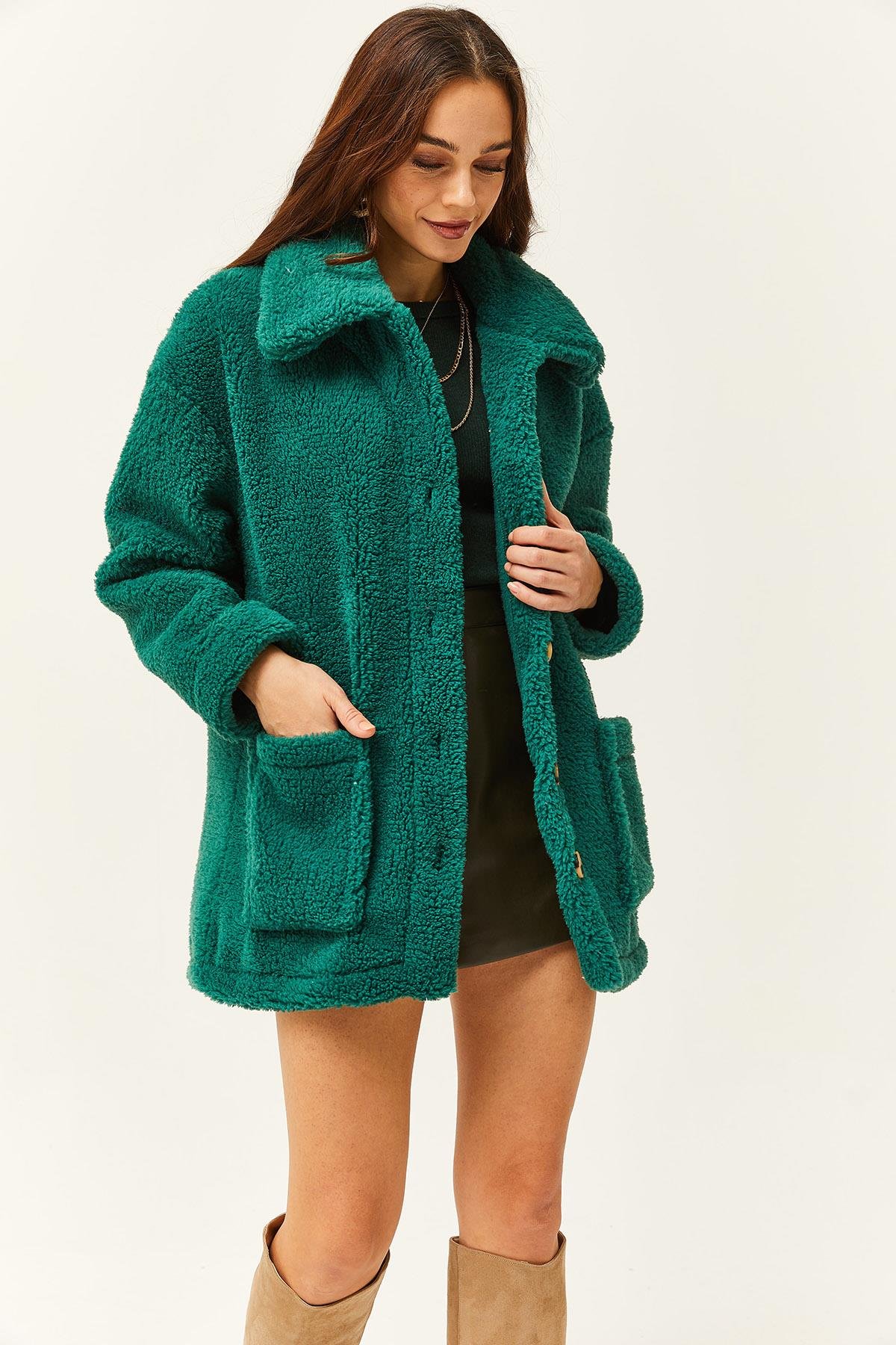 Düğmeli Cepli Astarsız Oversize Peluş Ceket Zümrüt Yeşili