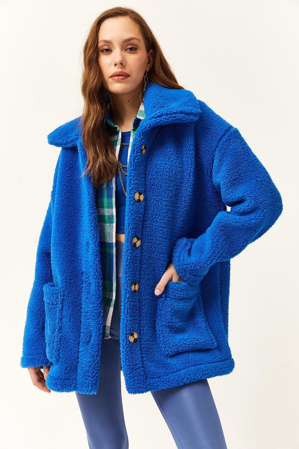 Düğmeli Cepli Astarsız Oversize Peluş Ceket Saks Mavi