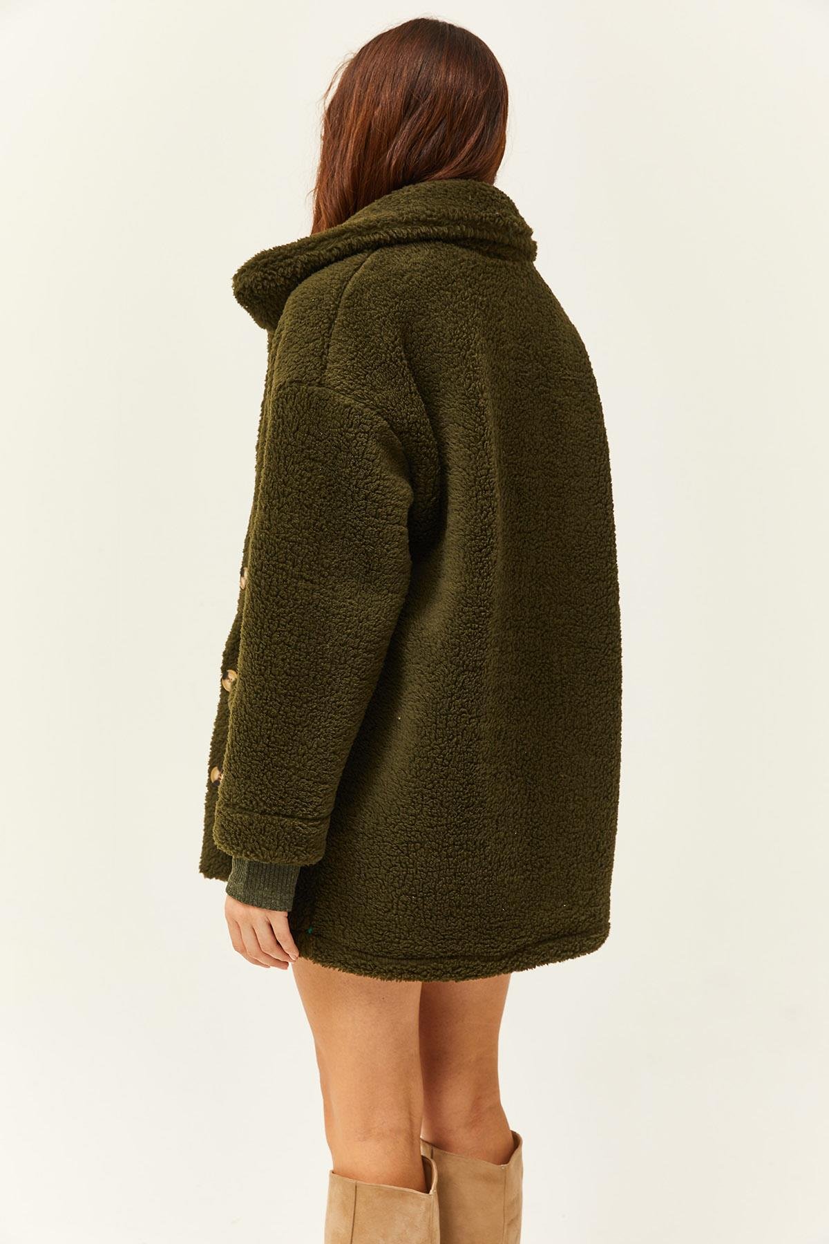 Düğmeli Cepli Astarsız Oversize Peluş Ceket Haki