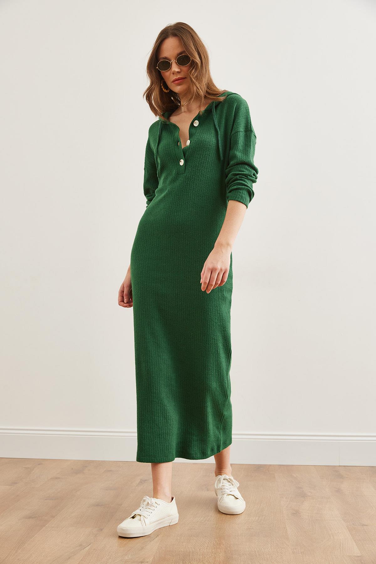 Düğmeli Kapşonlu Oversize Fitilli Maxi Elbise Yeşil