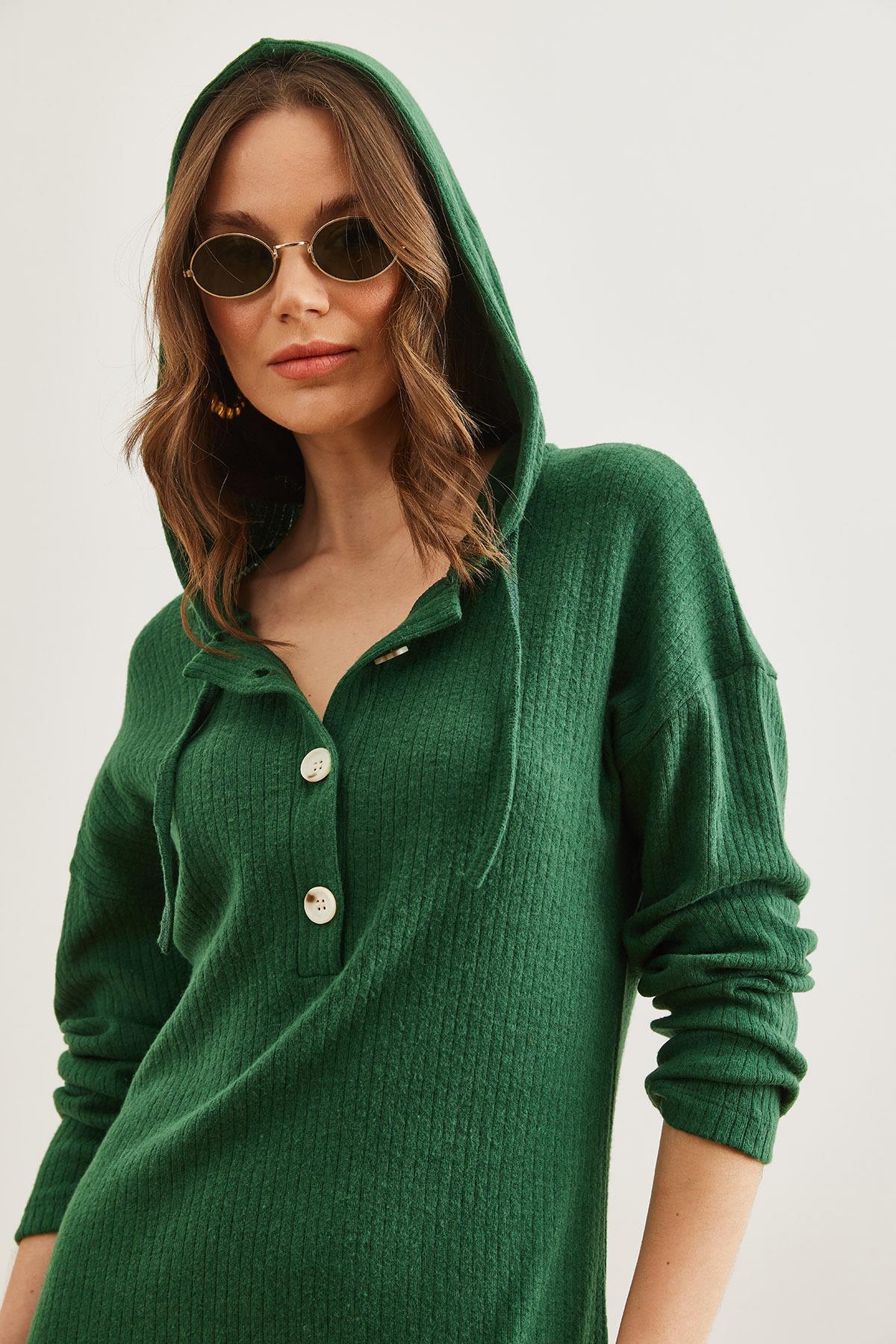 Düğmeli Kapşonlu Oversize Fitilli Maxi Elbise Yeşil