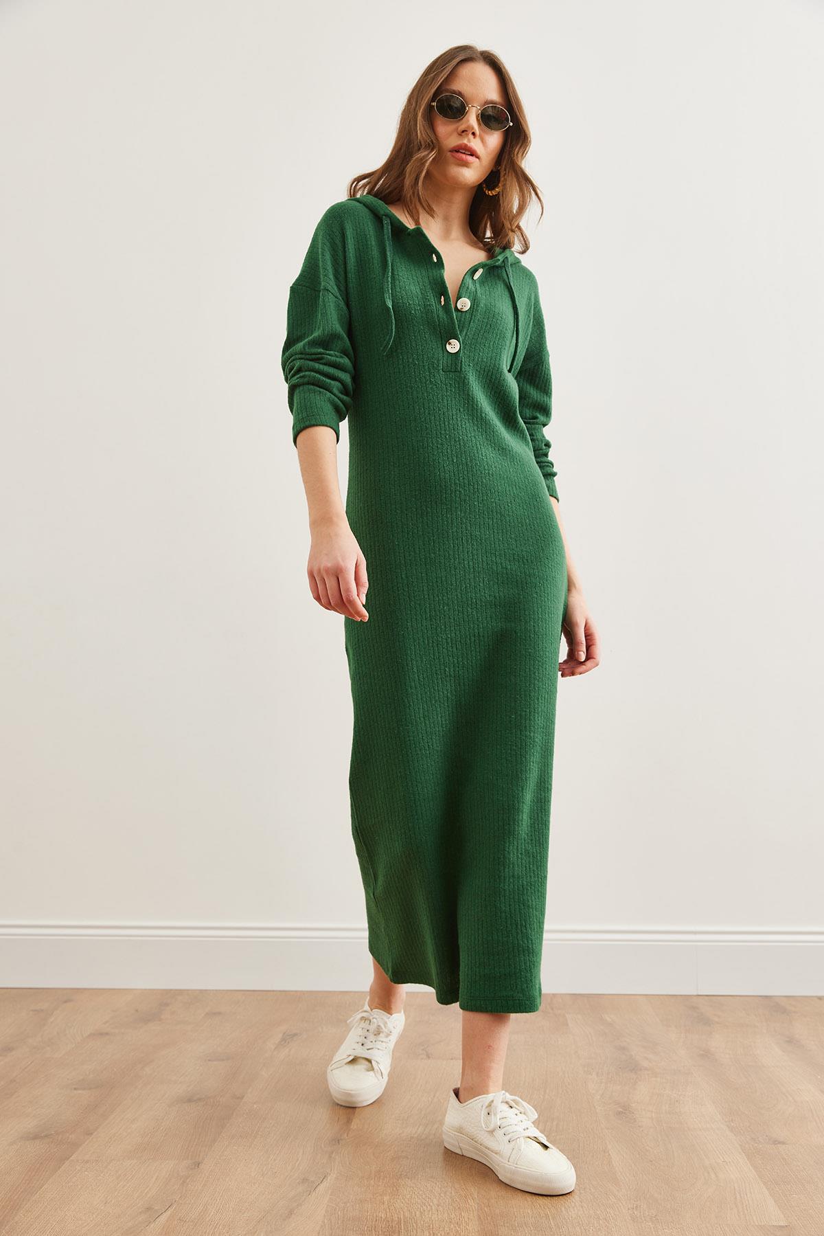 Düğmeli Kapşonlu Oversize Fitilli Maxi Elbise Yeşil