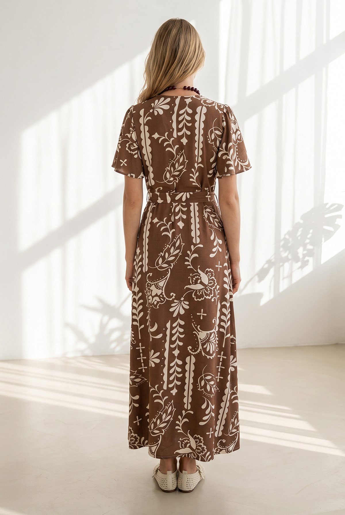 Düğmeli Kuşaklı Maxi Viskon Gömlek Elbise Boho Camel