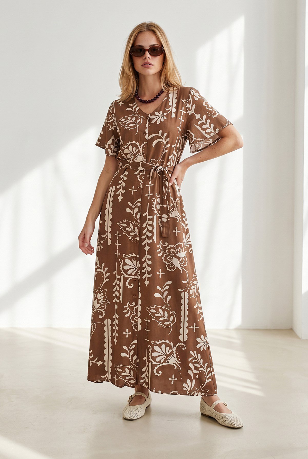 Düğmeli Kuşaklı Maxi Viskon Gömlek Elbise Boho Camel