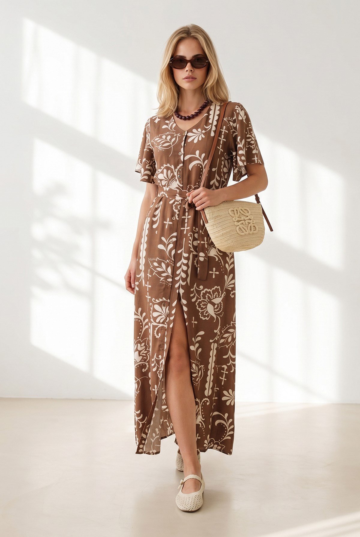 Düğmeli Kuşaklı Maxi Viskon Gömlek Elbise Boho Camel