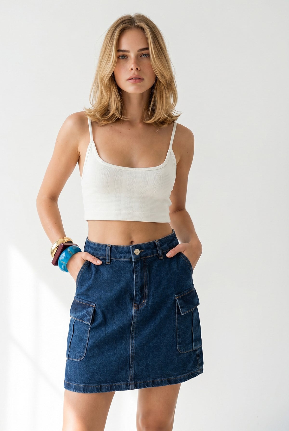 Düğmeli Yandan Cepli Mini Denim Etek Koyu Mavi