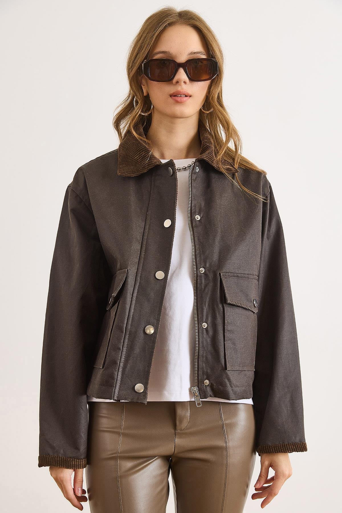 Ekose Astarlı Cepli Sıvamalı Ceket Kahverengi