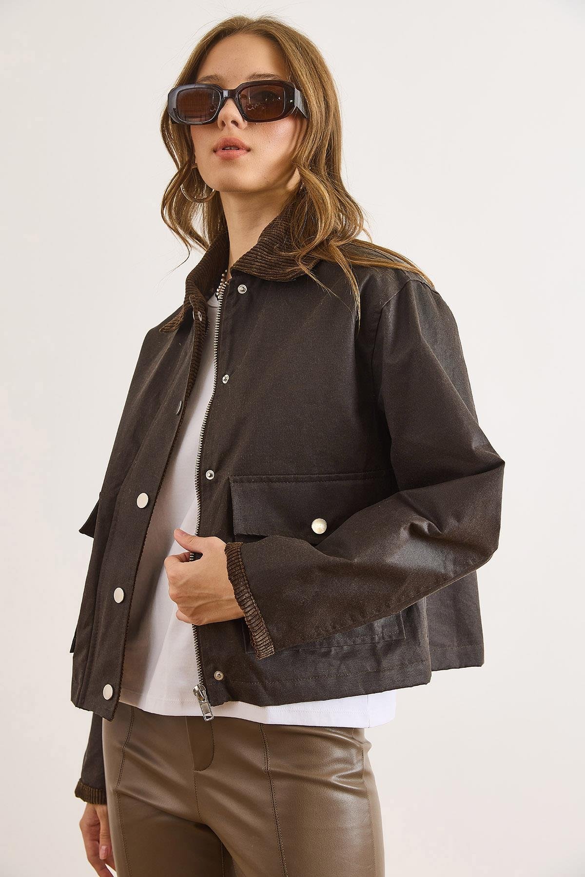 Ekose Astarlı Cepli Sıvamalı Ceket Kahverengi