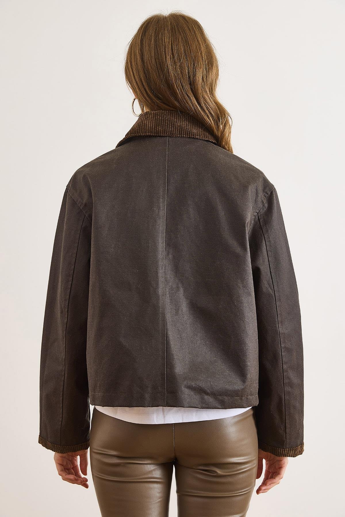 Ekose Astarlı Cepli Sıvamalı Ceket Kahverengi