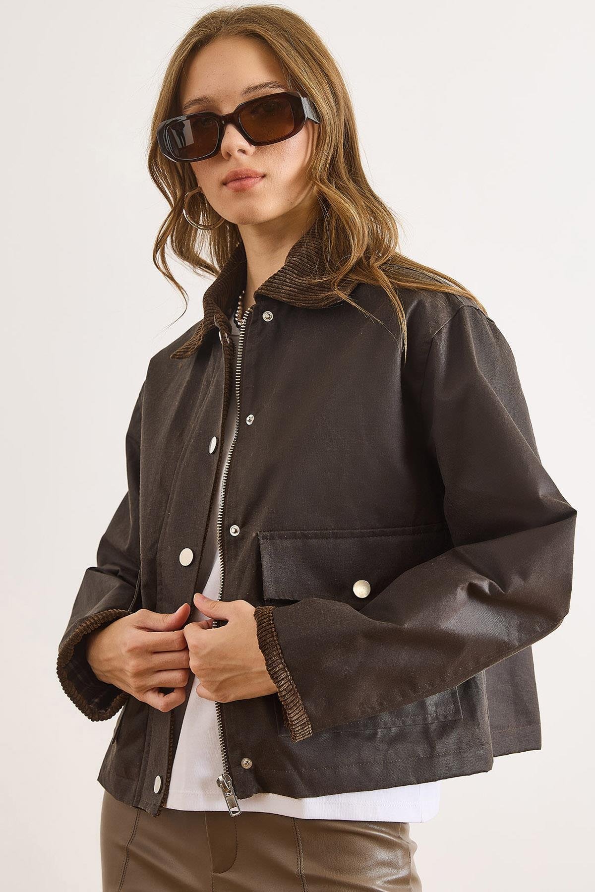 Ekose Astarlı Cepli Sıvamalı Ceket Kahverengi