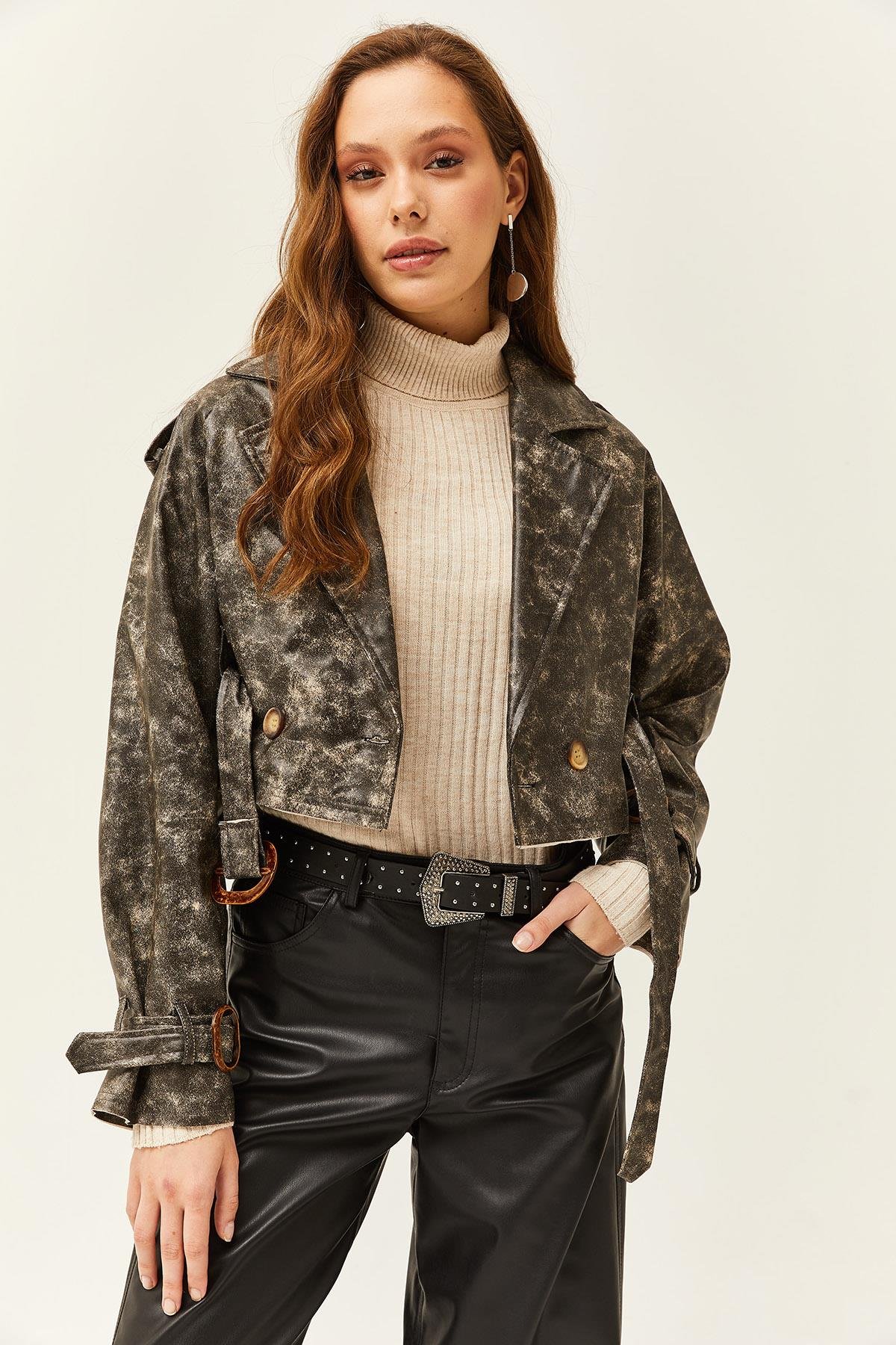 Eskitme Görünümlü Astarlı Suni Deri Ceket Siyah