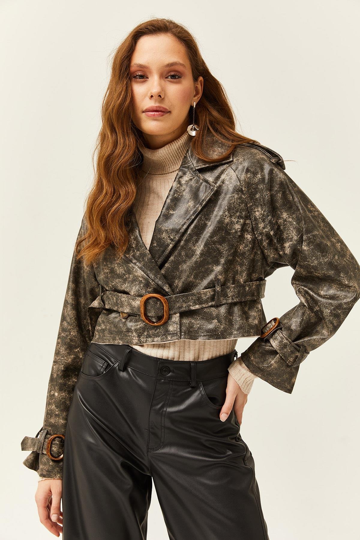 Eskitme Görünümlü Astarlı Suni Deri Ceket Siyah