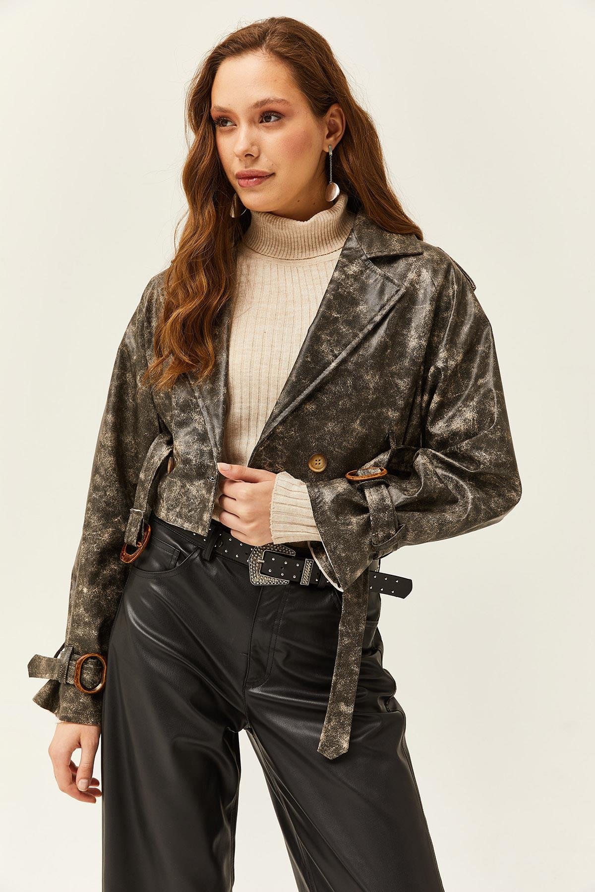 Eskitme Görünümlü Astarlı Suni Deri Ceket Siyah