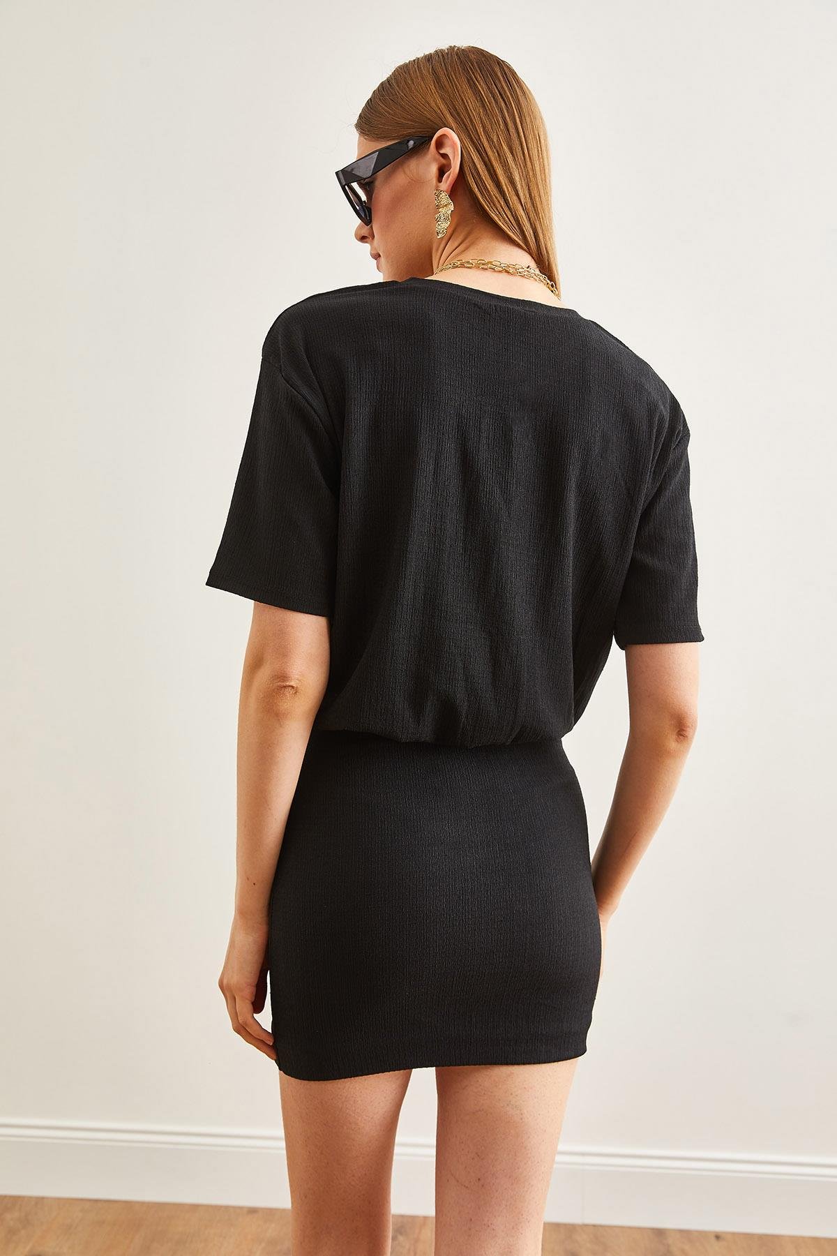 Eteği Çift Kat Mini Örme Elbise Siyah