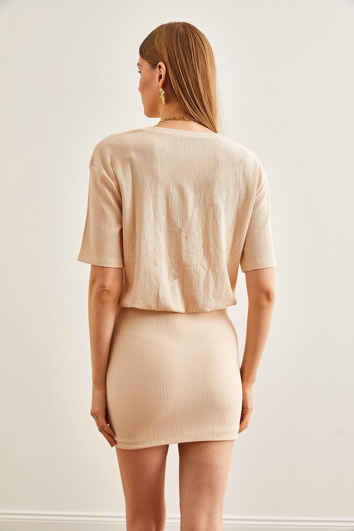 Eteği Çift Kat Mini Örme Elbise Taş