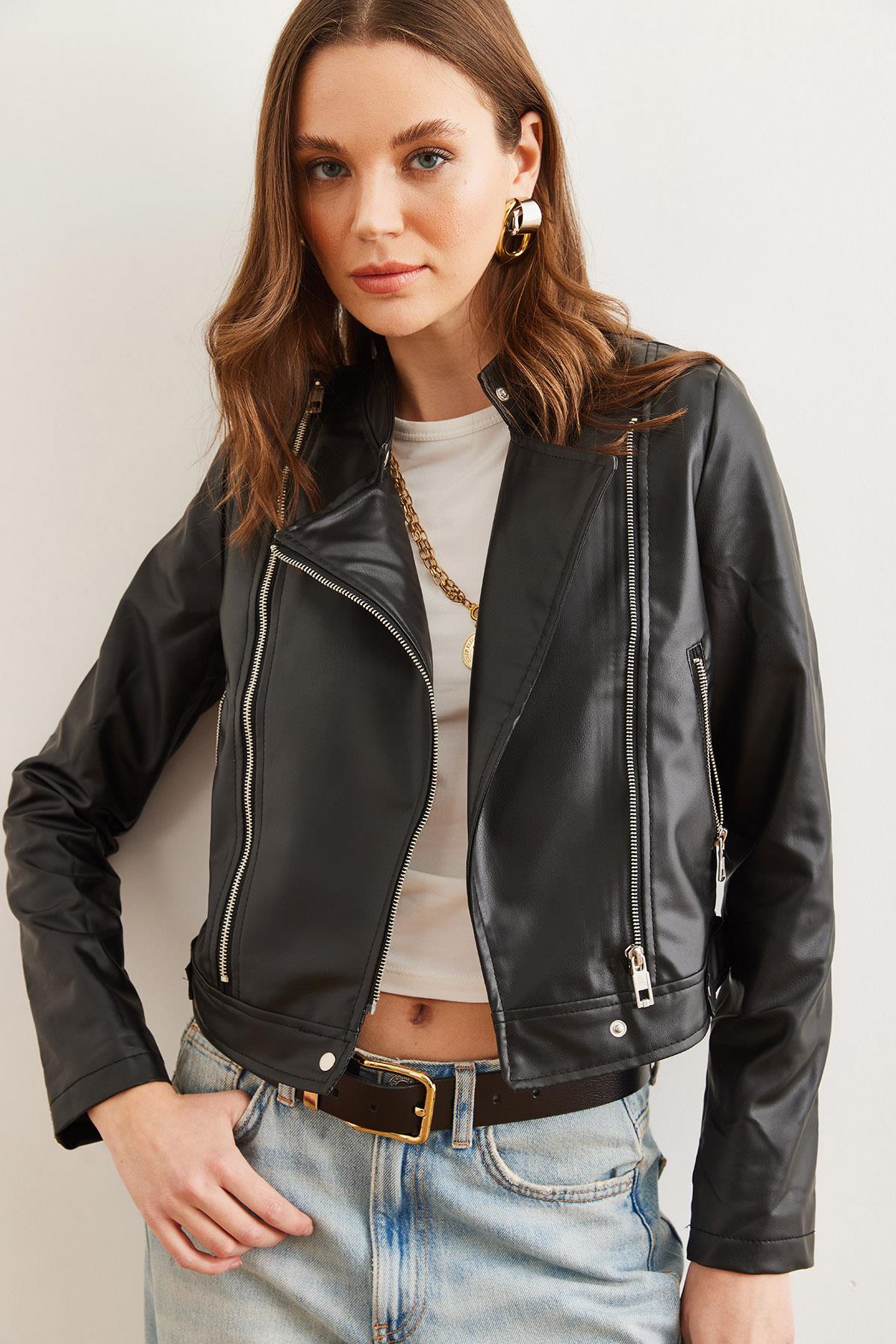 Fermuarlı Cepli Anvelop Crop Suni Deri Ceket Siyah