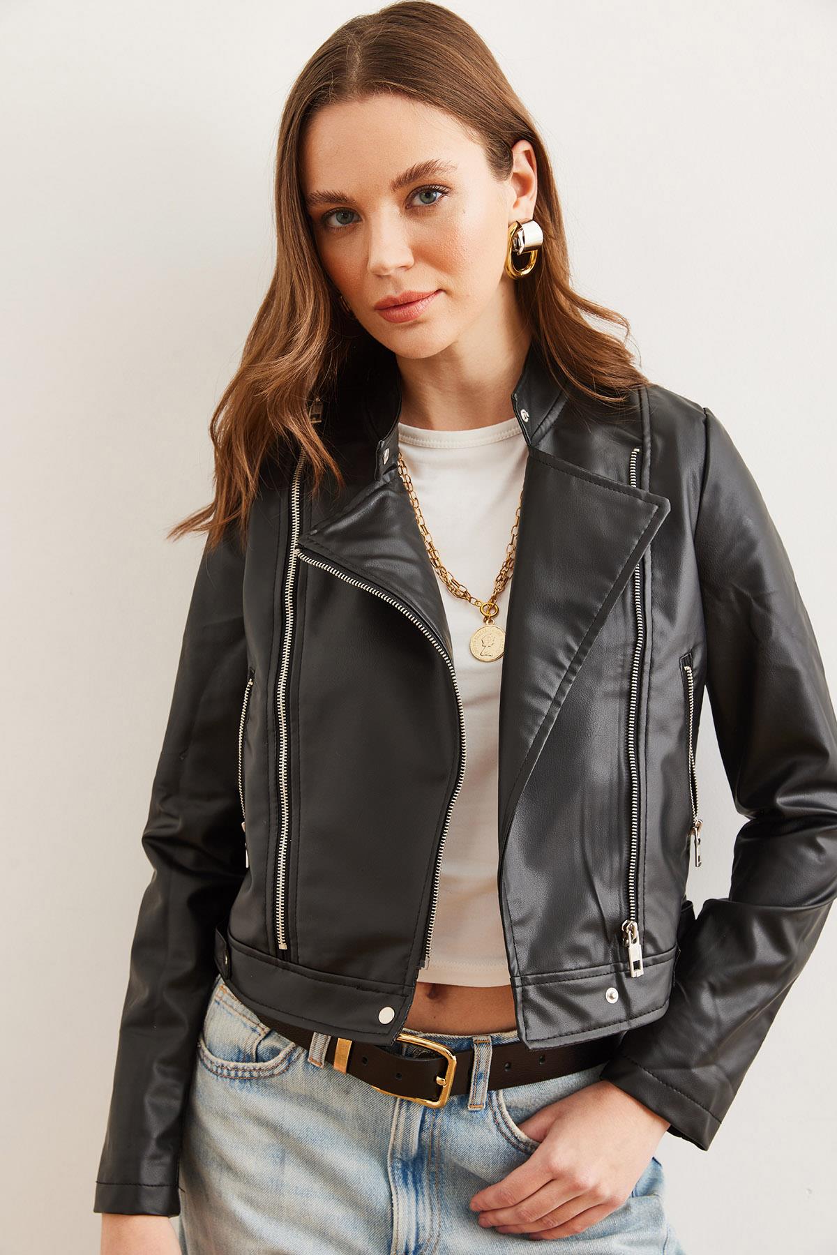 Fermuarlı Cepli Anvelop Crop Suni Deri Ceket Siyah