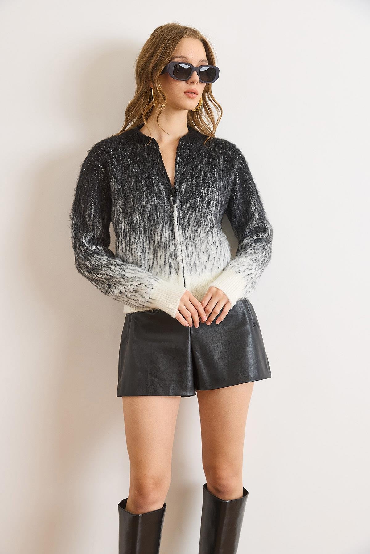 Fermuarlı Şardonlu Crop Triko Hırka Ceket Siyah