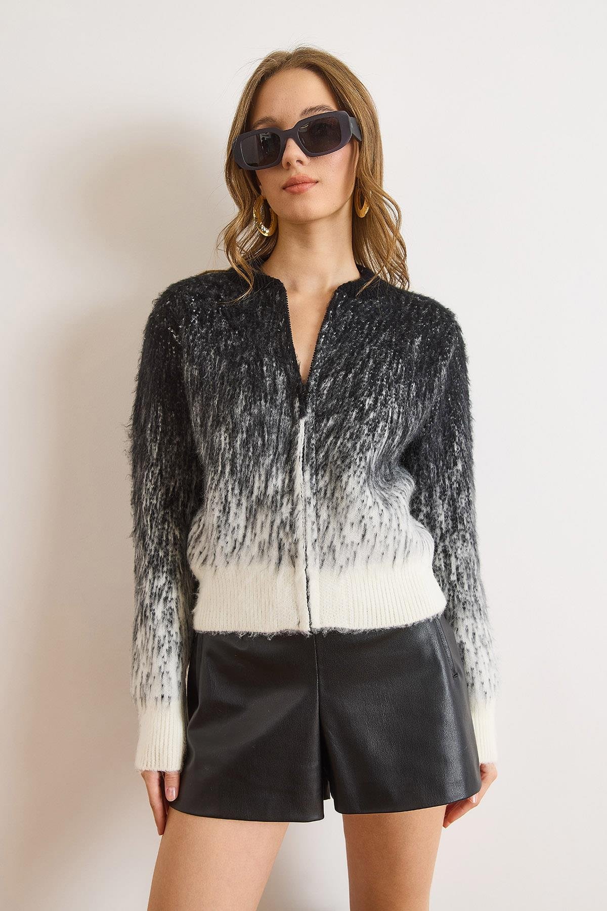 Fermuarlı Şardonlu Crop Triko Hırka Ceket Siyah