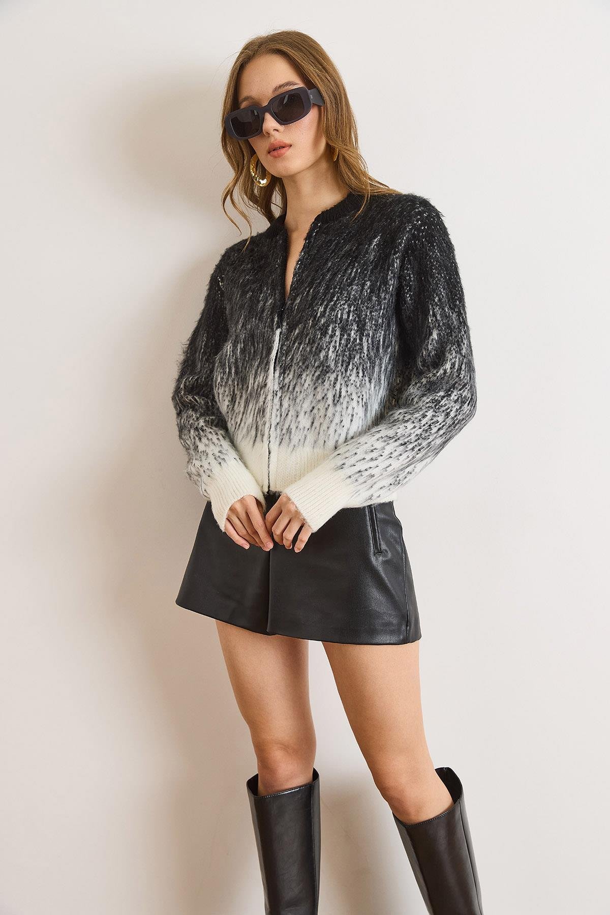 Fermuarlı Şardonlu Crop Triko Hırka Ceket Siyah