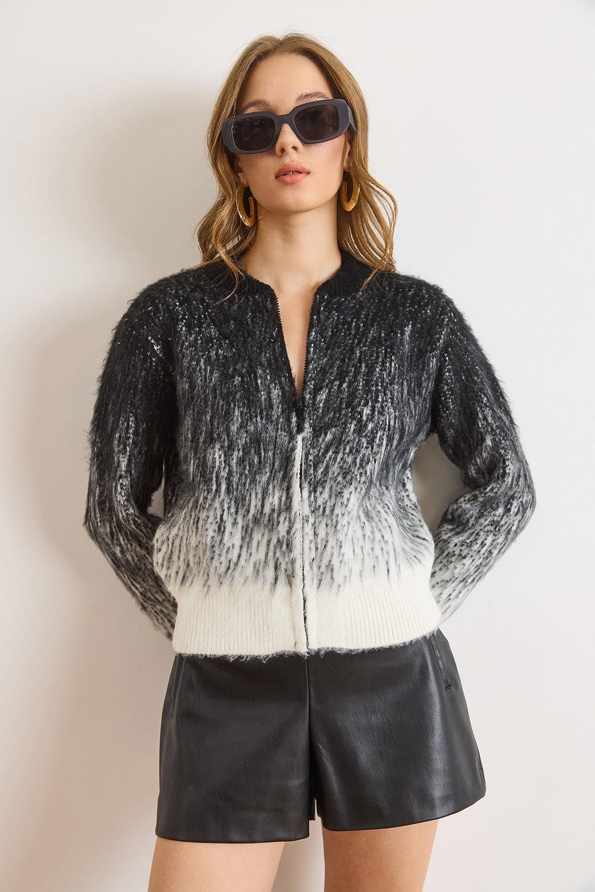 Fermuarlı Şardonlu Crop Triko Hırka Ceket Siyah