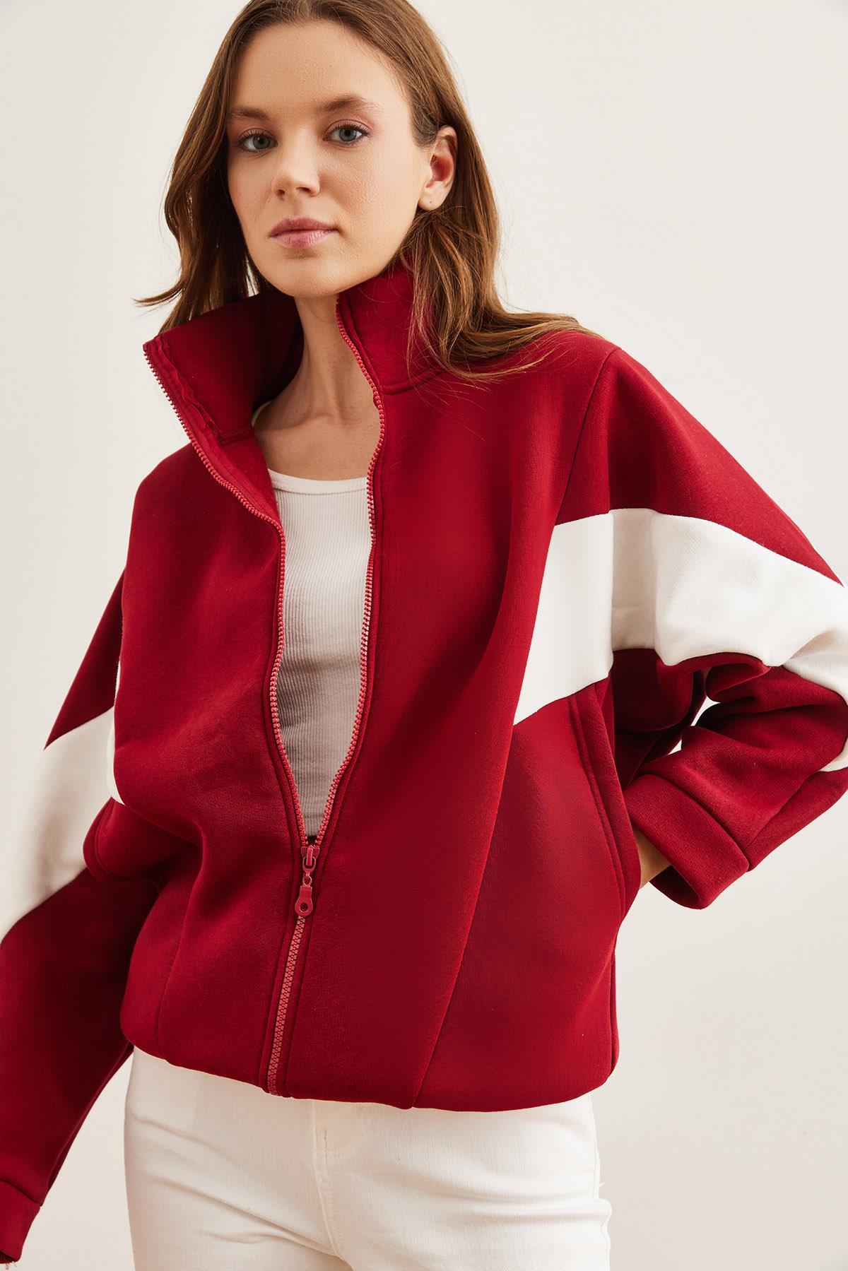 Fermuarlı Şardonlu Oversize Bloklu Sweatshirt Bordo