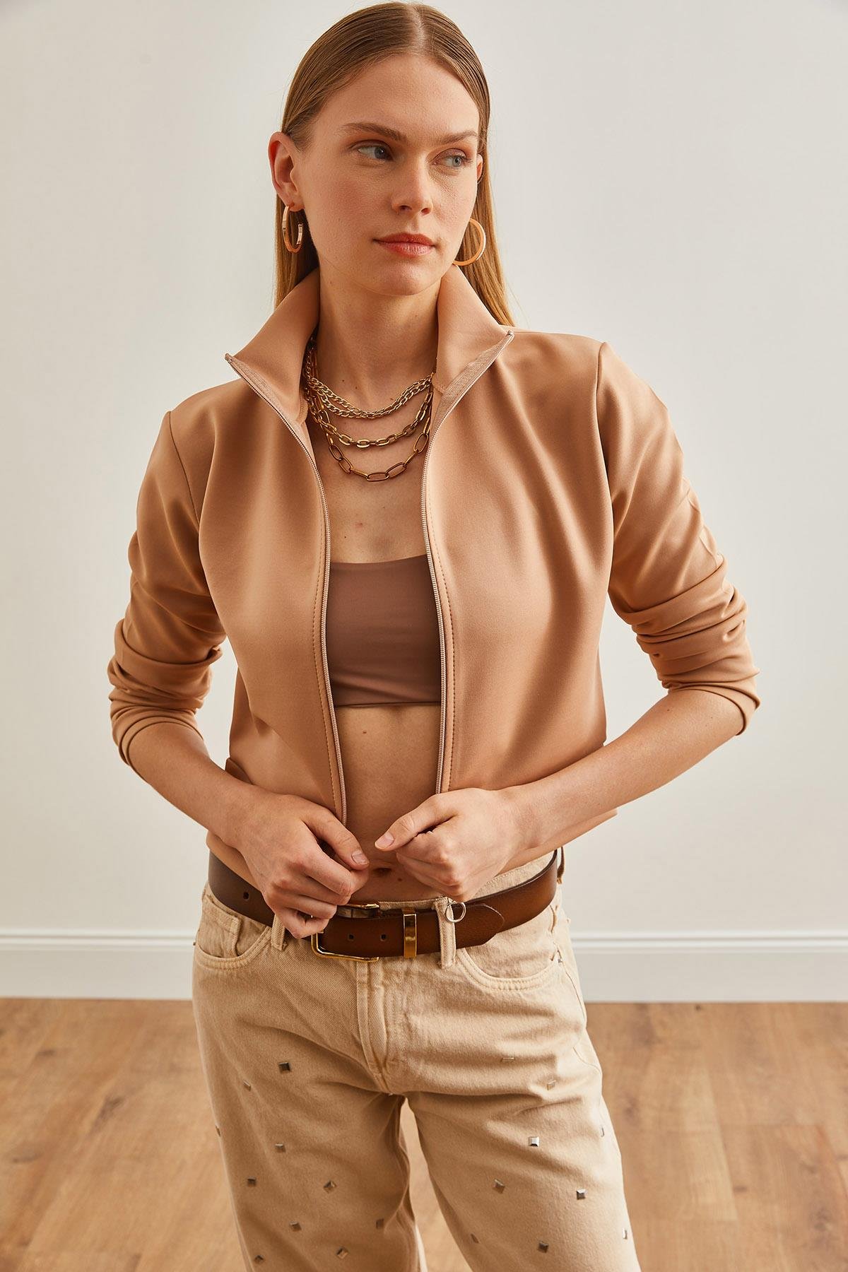 Fermuarlı Scuba Ceket Bej