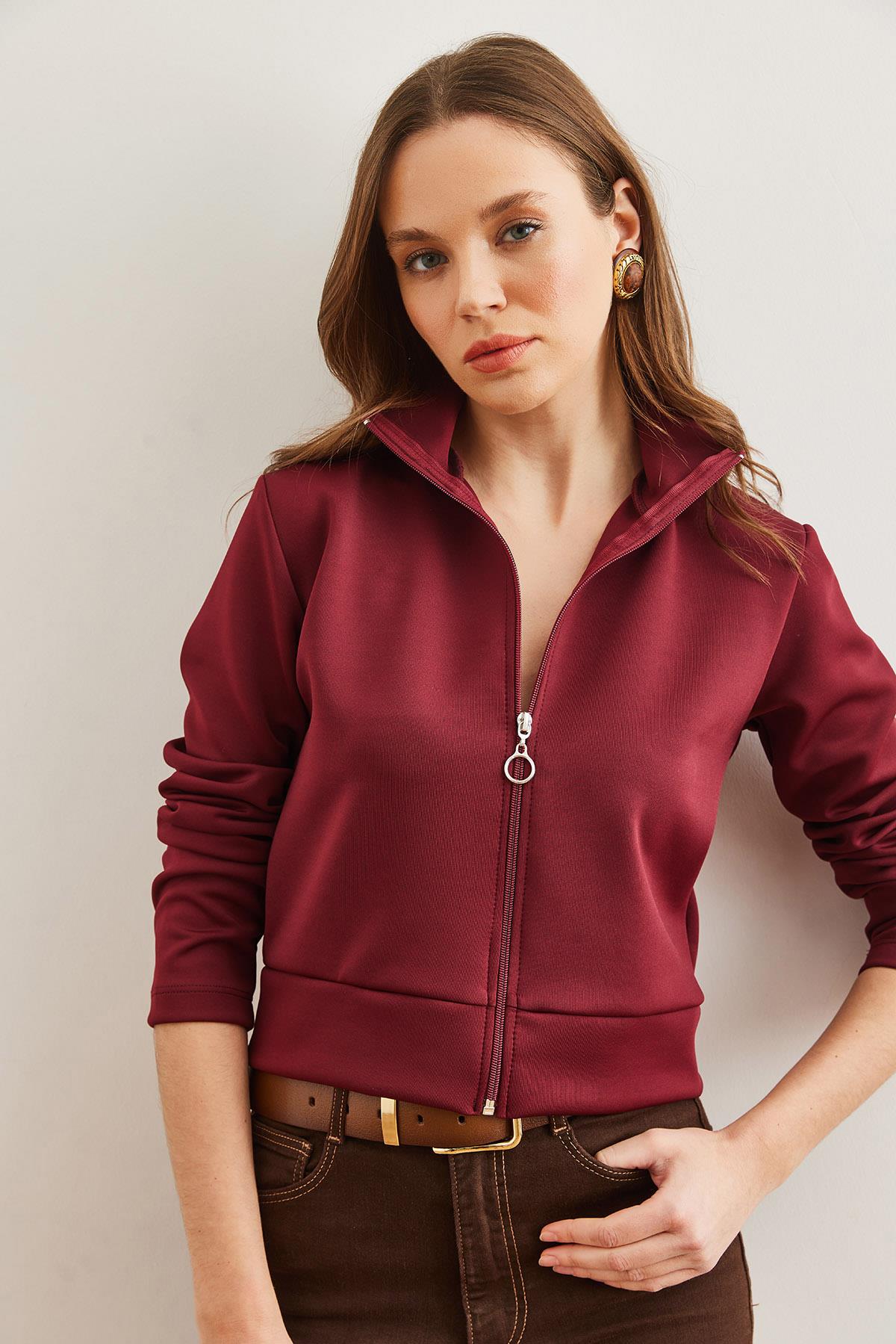 Fermuarlı Scuba Ceket Bordo