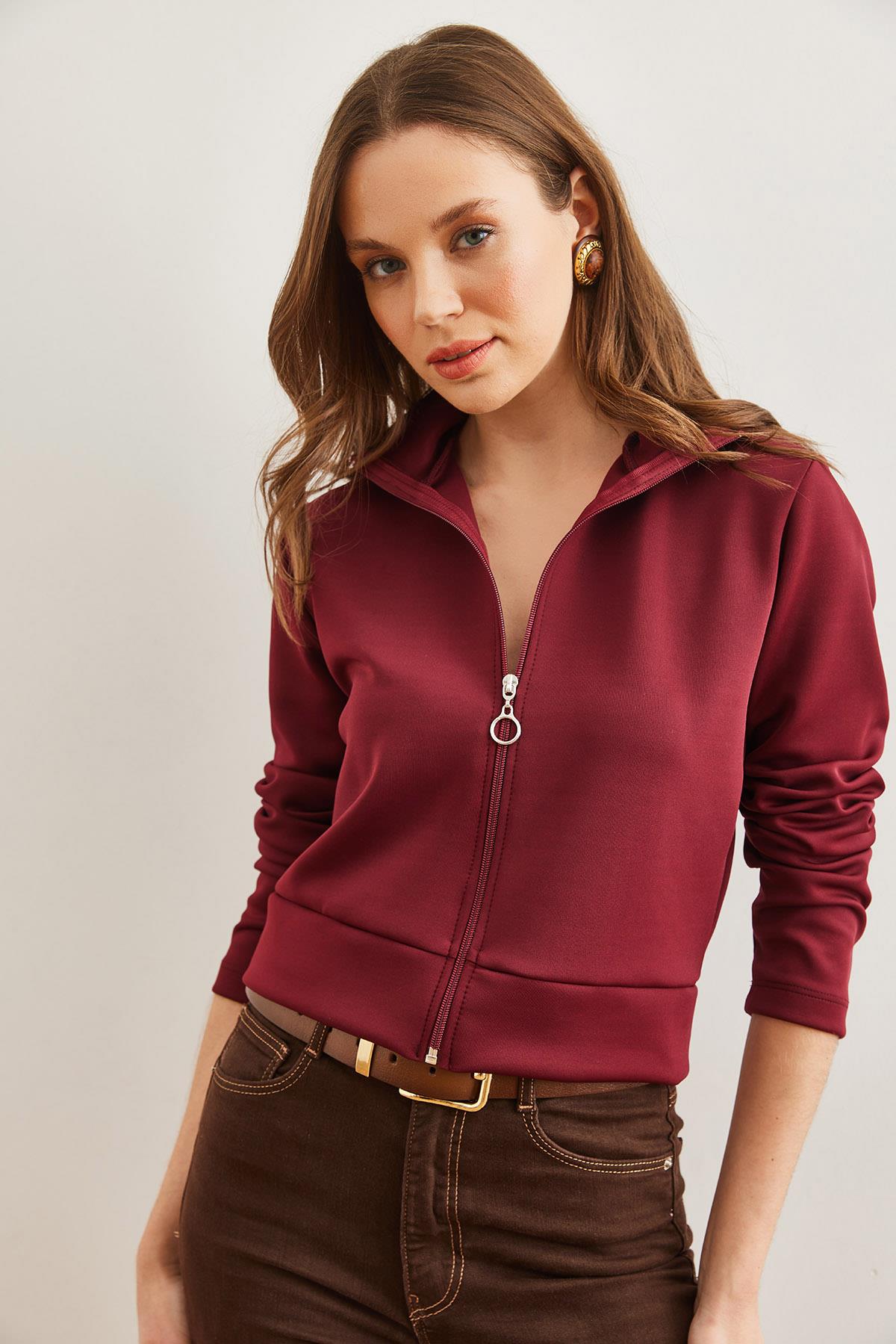 Fermuarlı Scuba Ceket Bordo