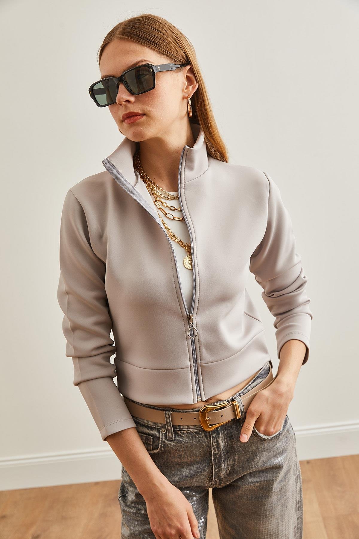 Fermuarlı Scuba Ceket Gri