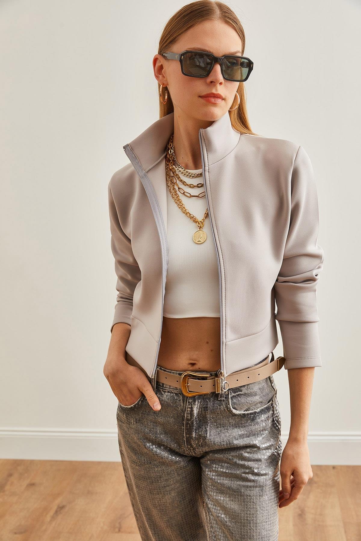 Fermuarlı Scuba Ceket Gri