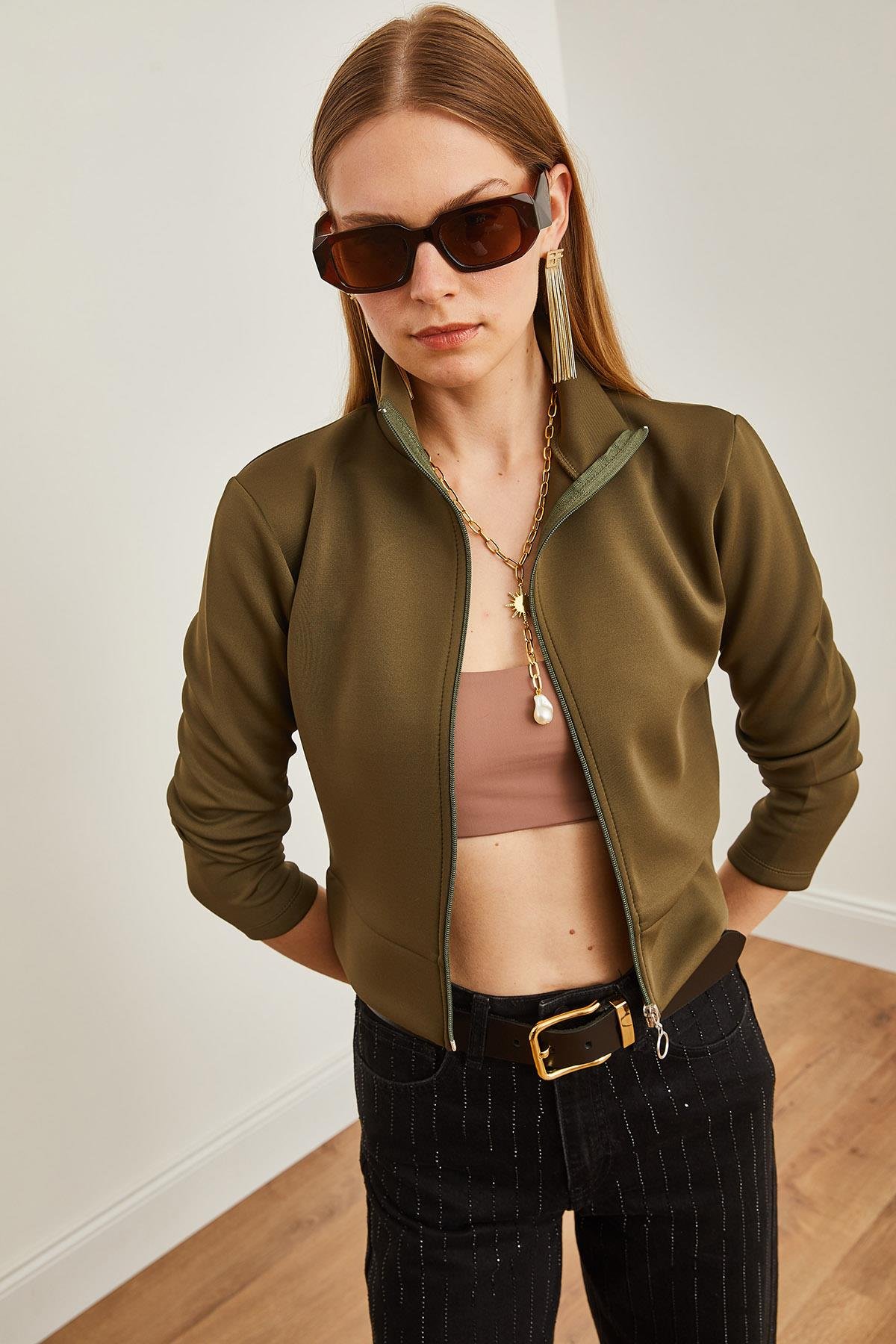 Fermuarlı Scuba Ceket Haki