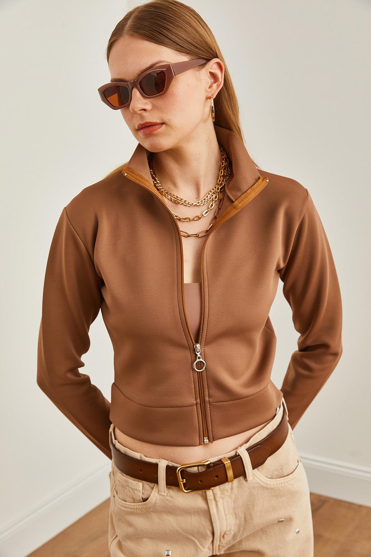 Fermuarlı Scuba Ceket Kahverengi